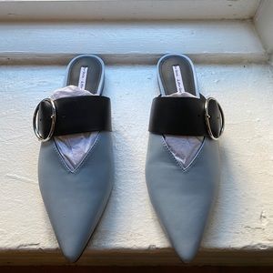 Powder blue point toe slides with buckle